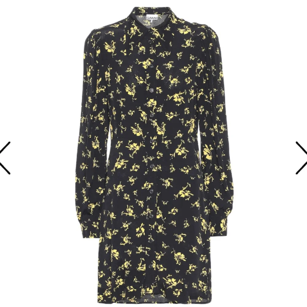 Ganni Black And Gold Floral Printed Crepe Mini Shirt Dress